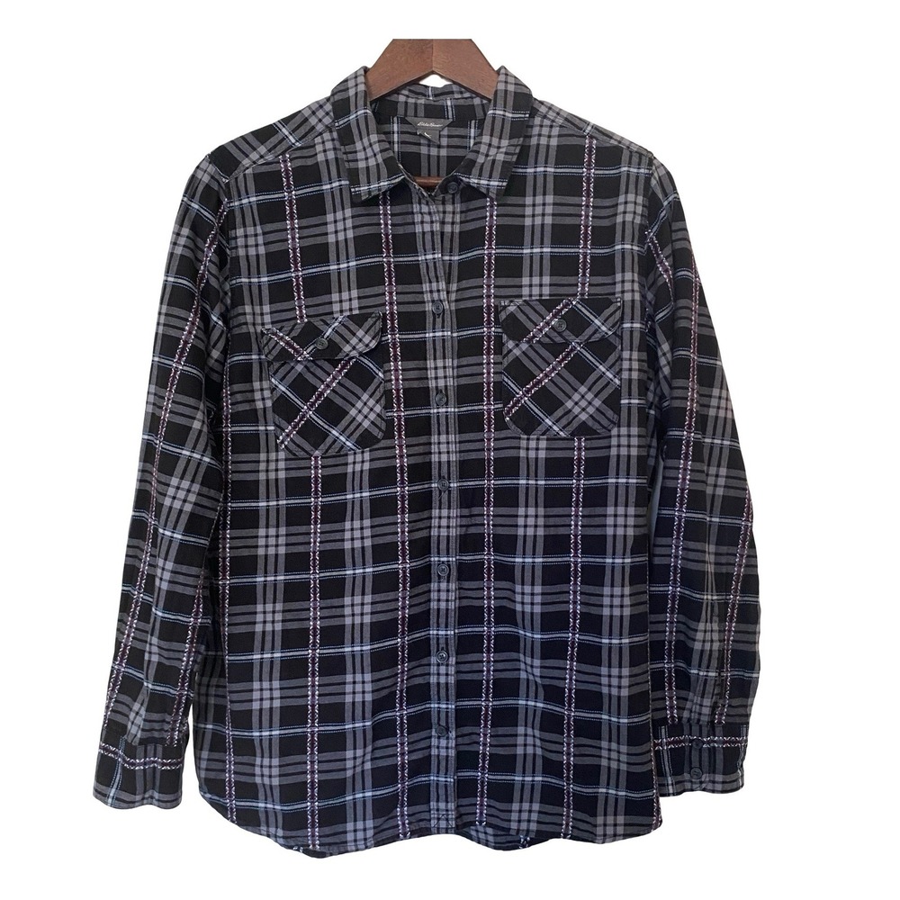 Eddie Bauer Plaid Button Down Womens XL Black Gray Cotton Long Sleeve Shirt